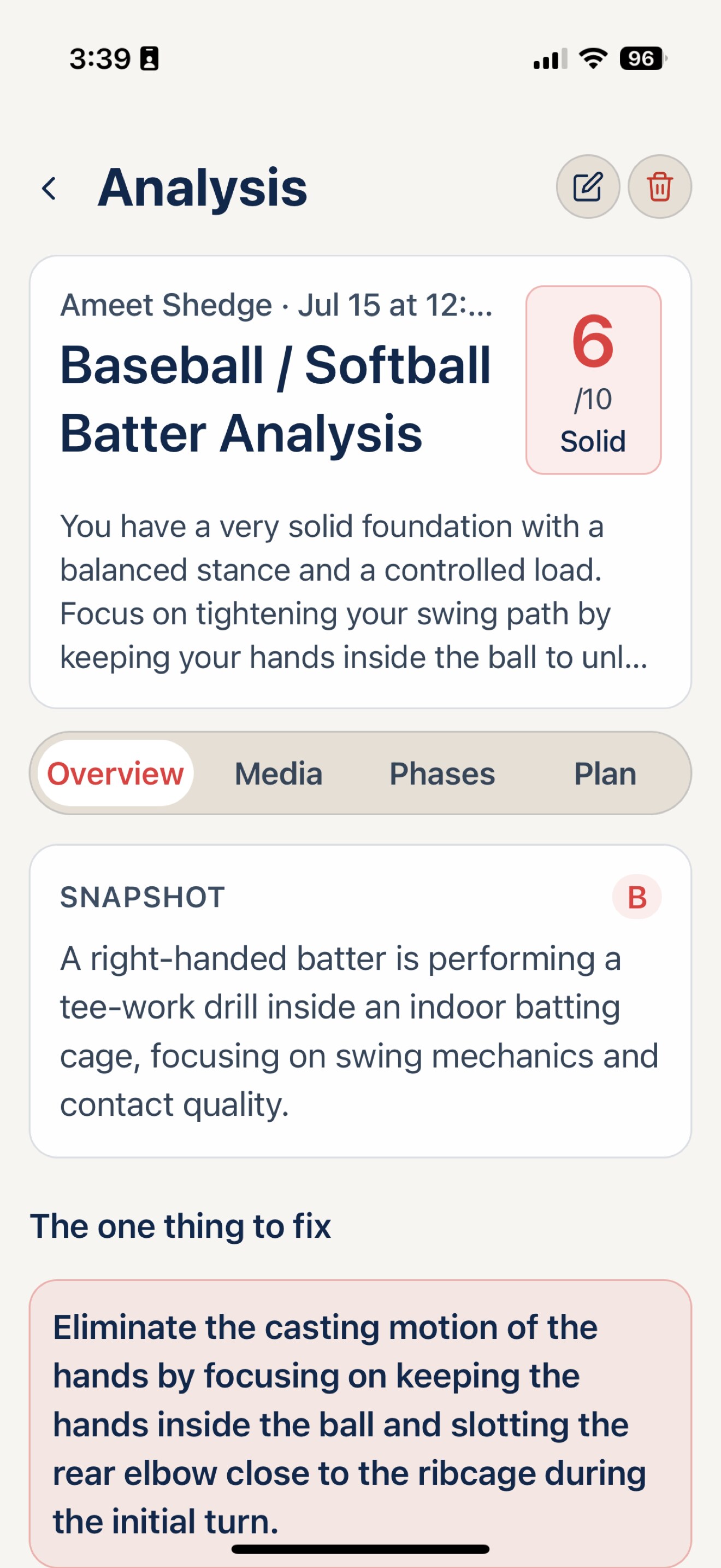 Dynamos mobile batter analysis screen with a score, snapshot, and coaching insight