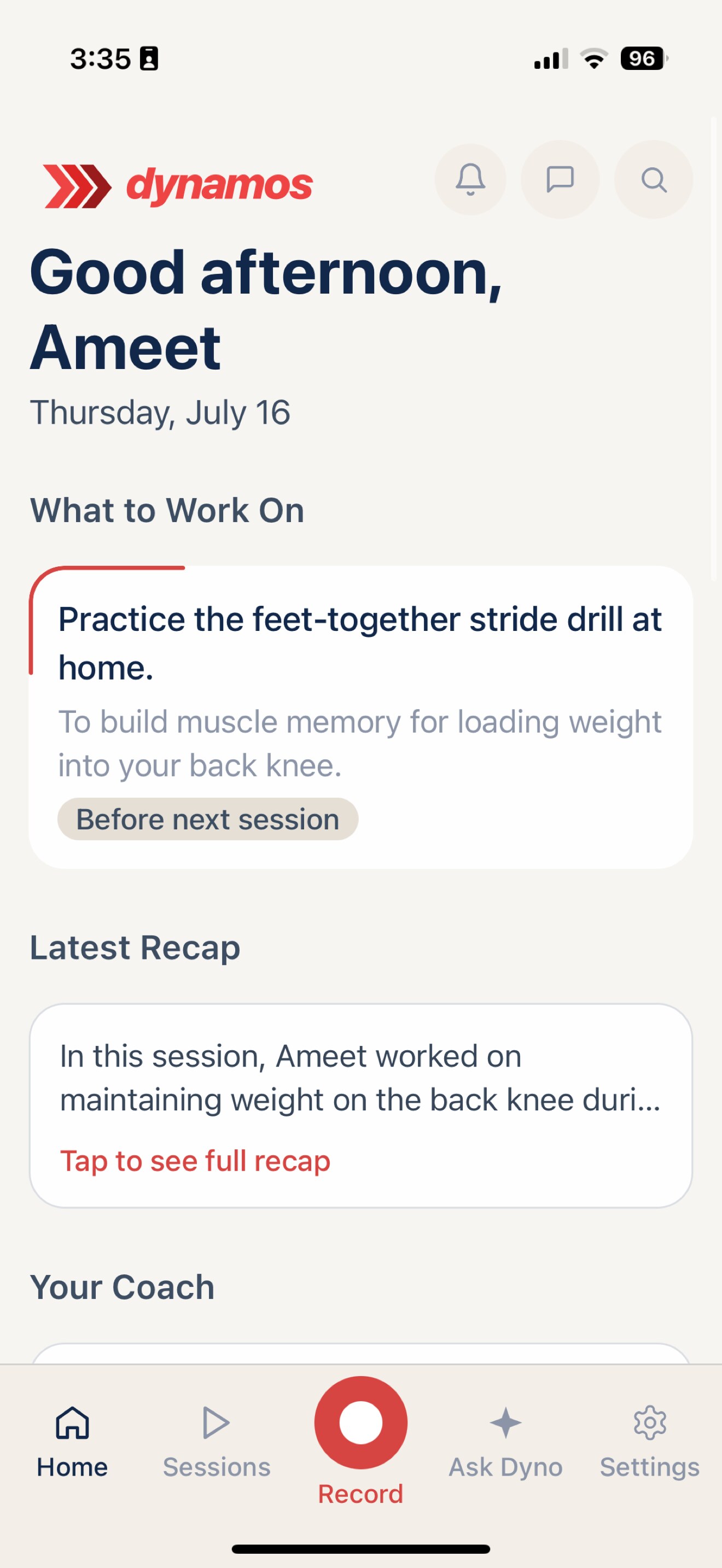 Dynamos mobile player home screen with a coaching focus and latest recap